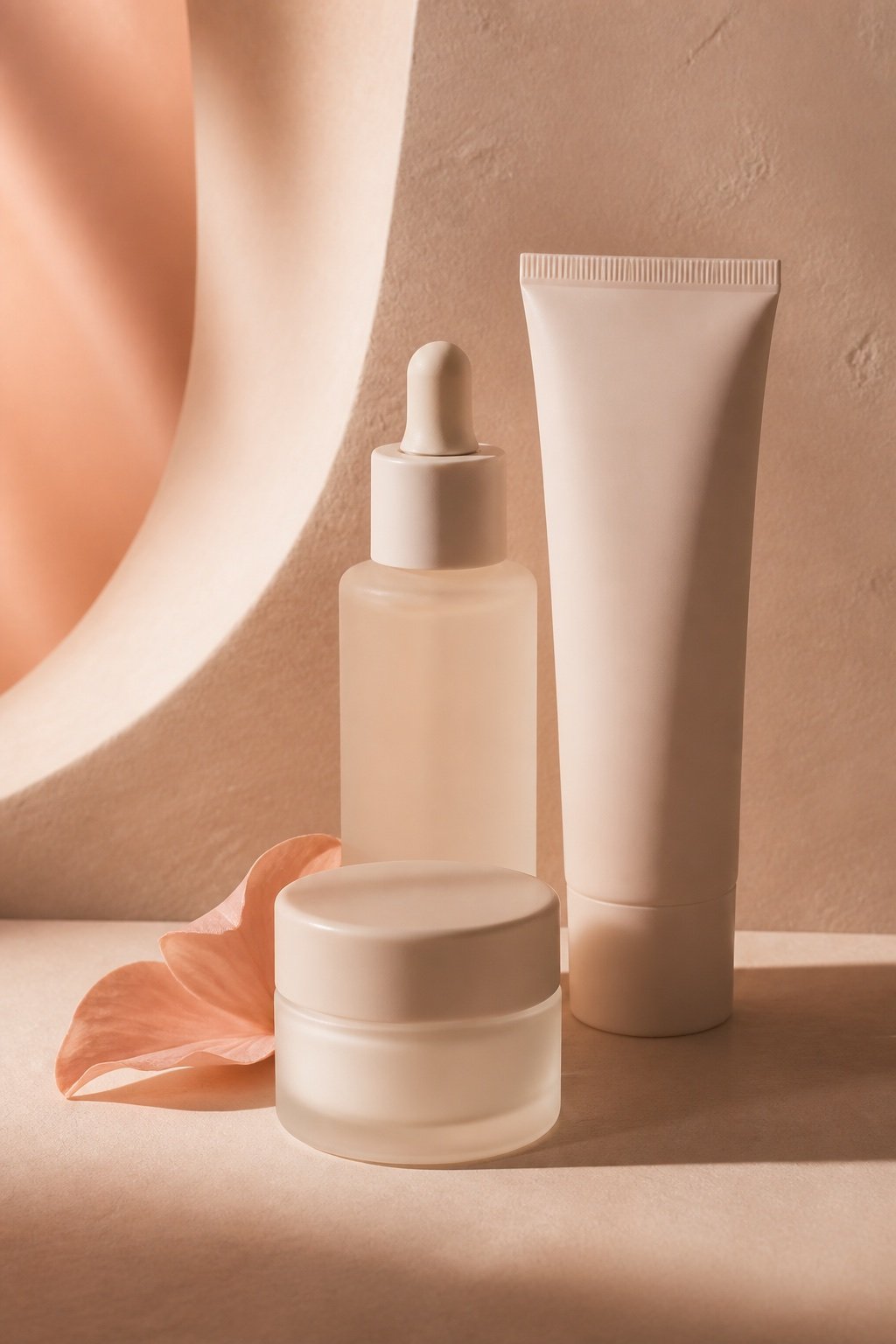 An elegant arrangement of unbranded skincare bottles and a cream jar in warm light